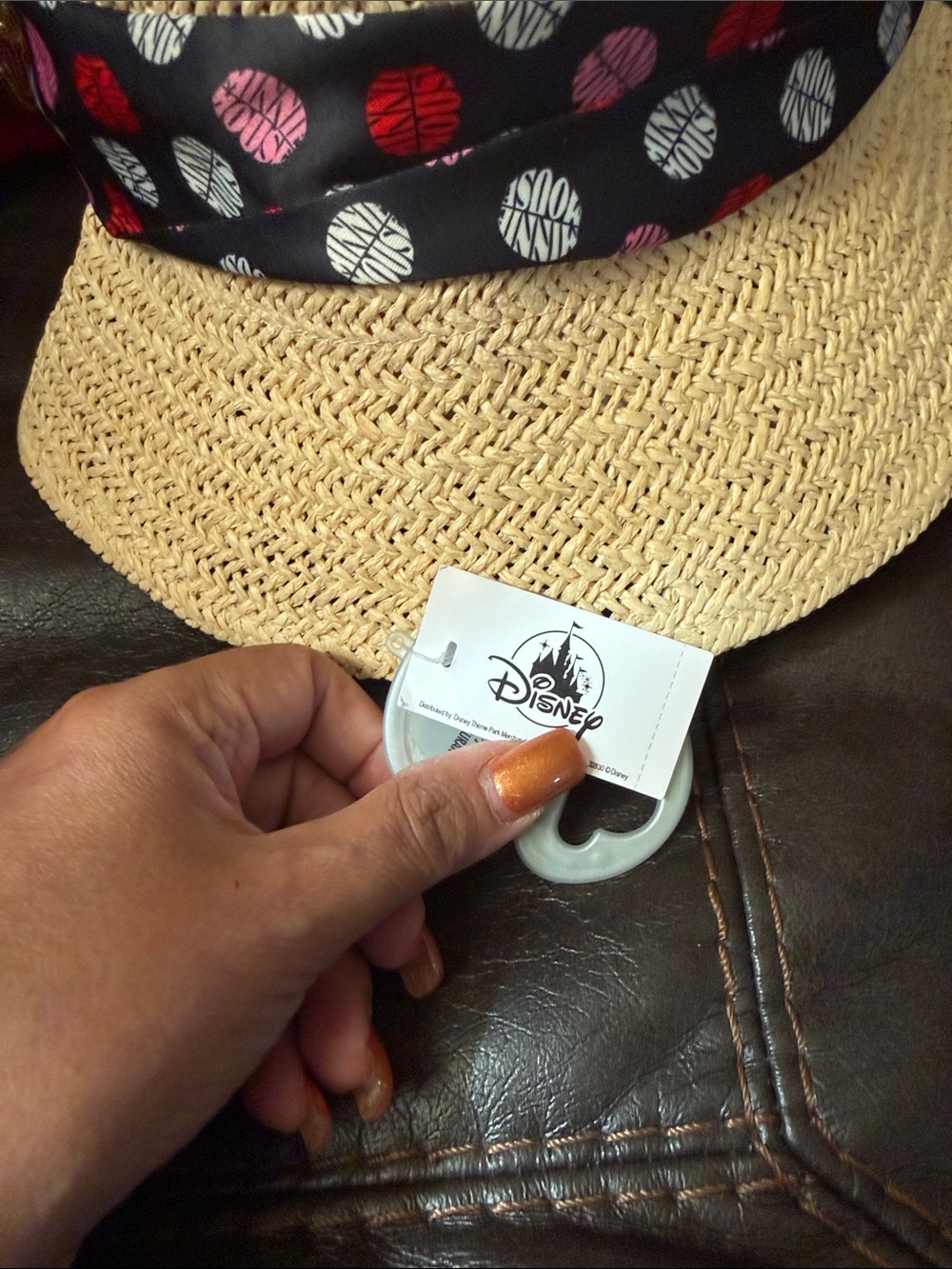 Disney Girls Black Bow Straw Sun Hat with Pink & Red Dot Accents - Picture 2 of 5